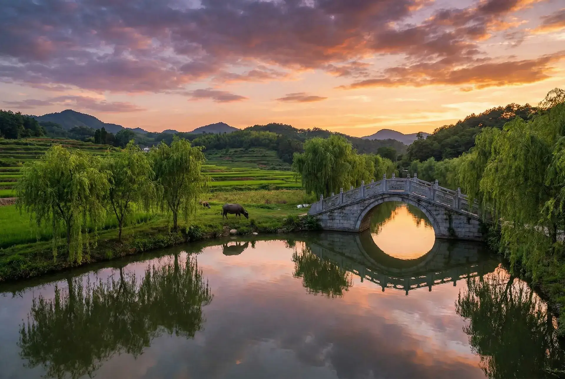 夕阳下的石拱桥与垂柳，水牛在河边吃草 - 新金梅瓶2 乡村美景